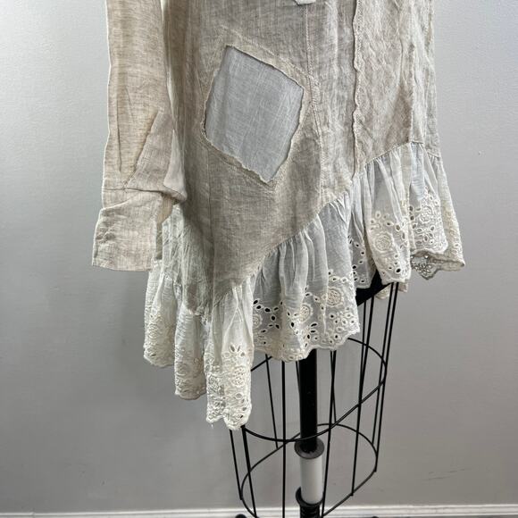 Blu Betty Beige Linen Shirt Dress Button Front Stand-Up Collar Ruffle Hem M? - Picture 7 of 9